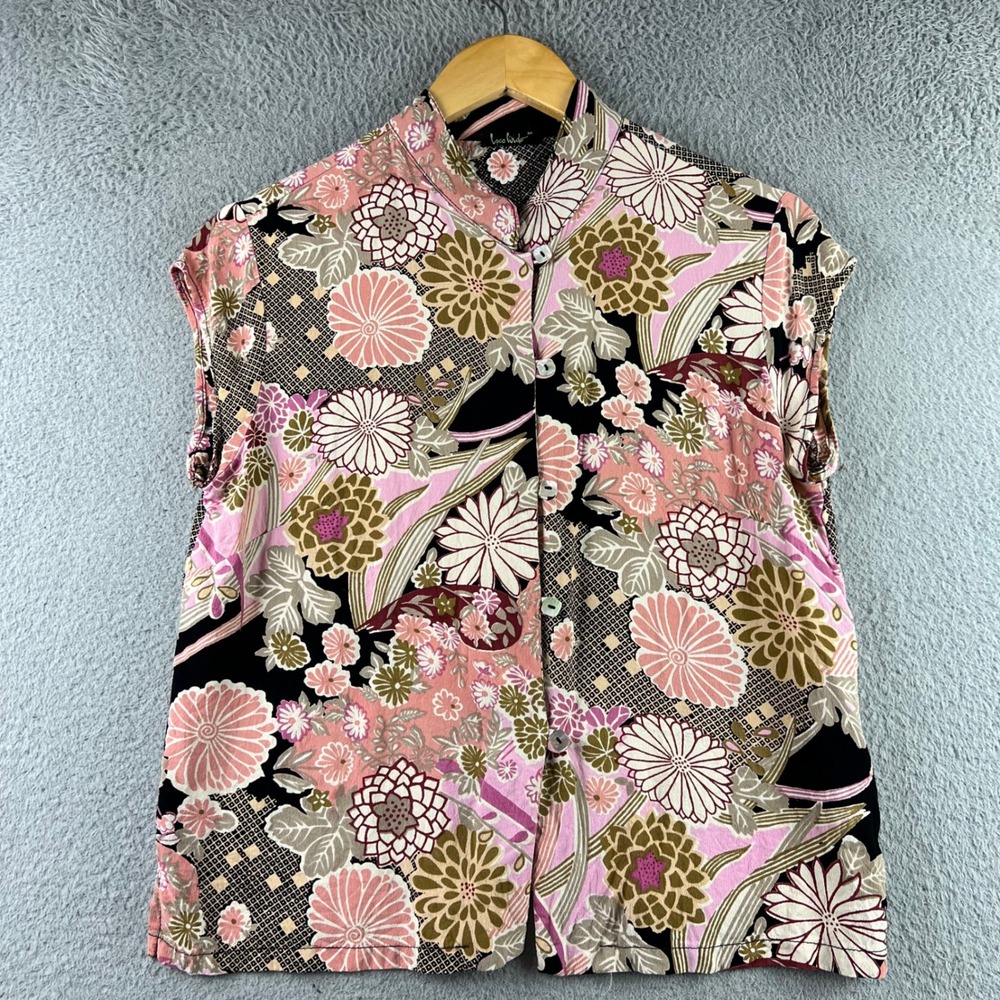 Loco Lindo Floral Chrysanthemum Button Front Cap Sleeve Top Pink Black Size M